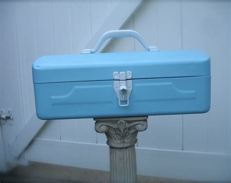 Vintage Tiffany Blue Metal Tool Box Industrial Metal Tool 